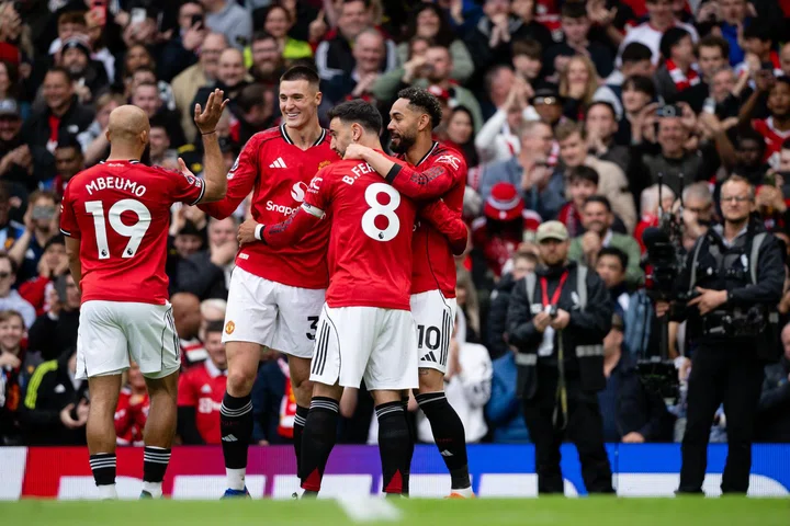 Celebration image of Mbeumo, Sesko, Fernandes anc Cunha v Liverpool