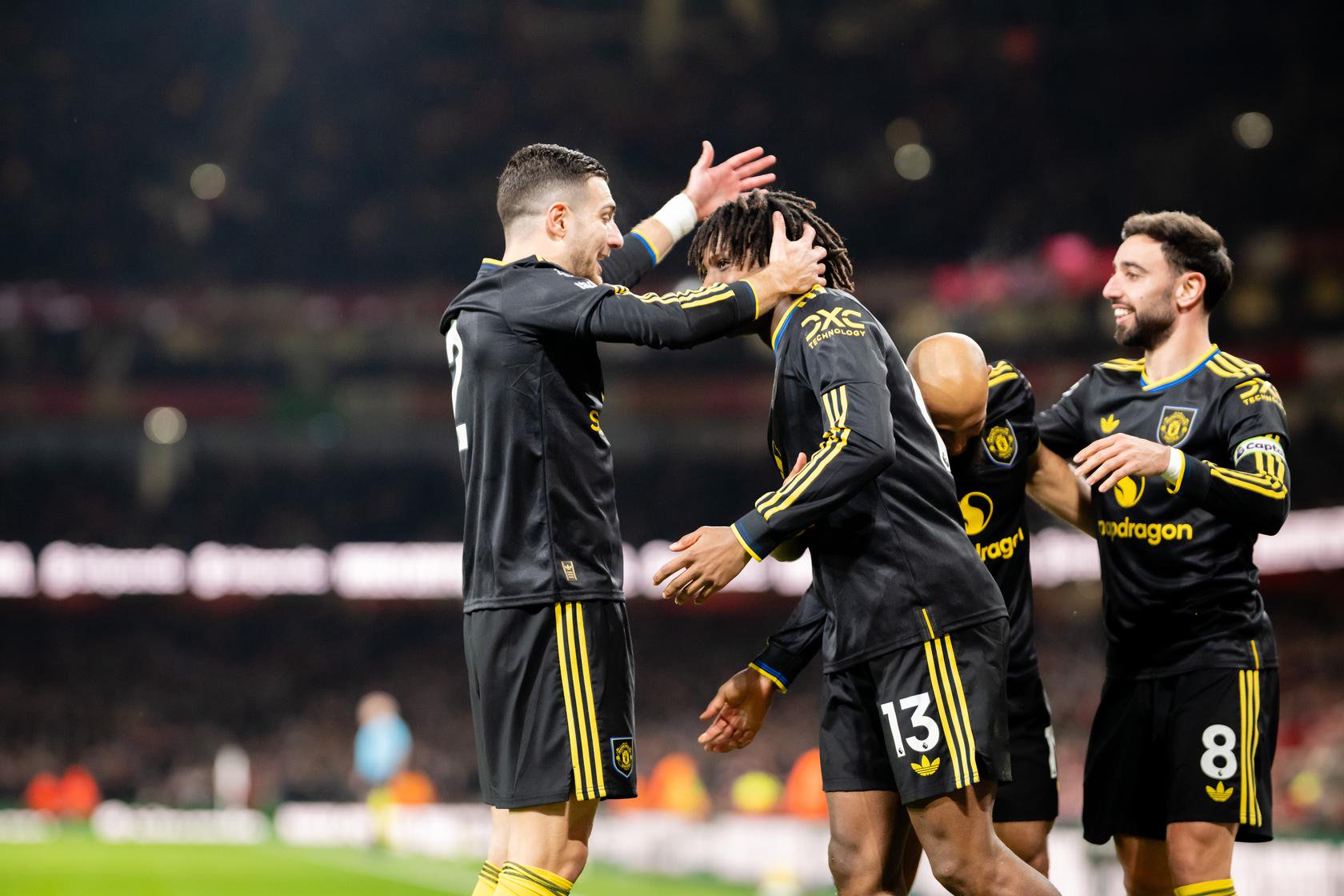 Patrick Chinazaekpere Dorgu celebrates his winning goal for Man Utd at Arsenal