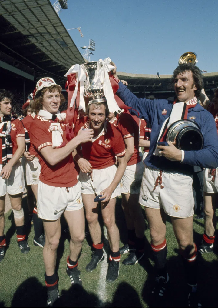 The 1977 FA Cup final Jimmy Nicholl, Jimmy Greenhoff and Alex Stepney celebrate