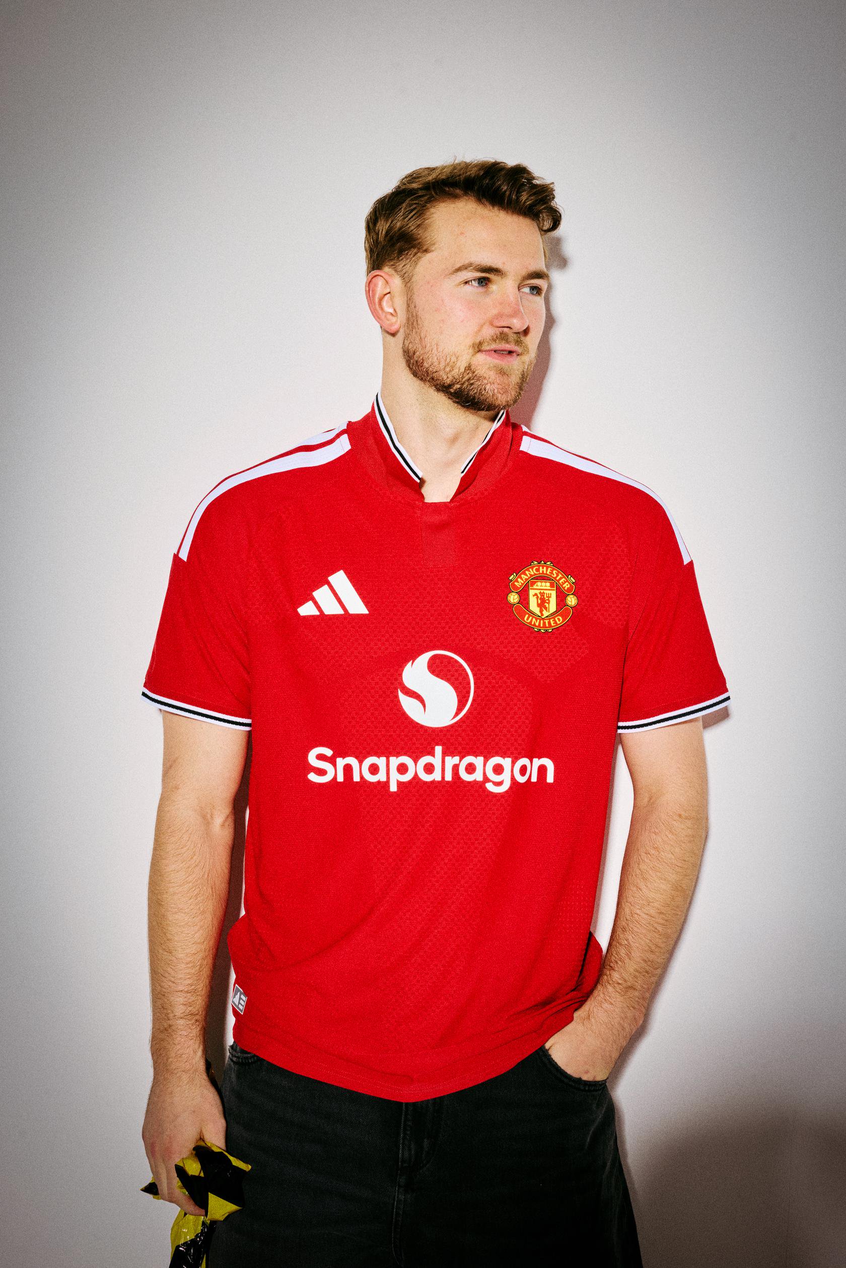 Matthijs de Ligt with hand in pocket in new 2026 27 home shirt