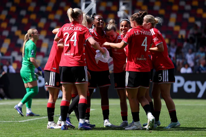 Melvine Malard celebrates with team-mates after scoring against Chelsea in World Sevens final.