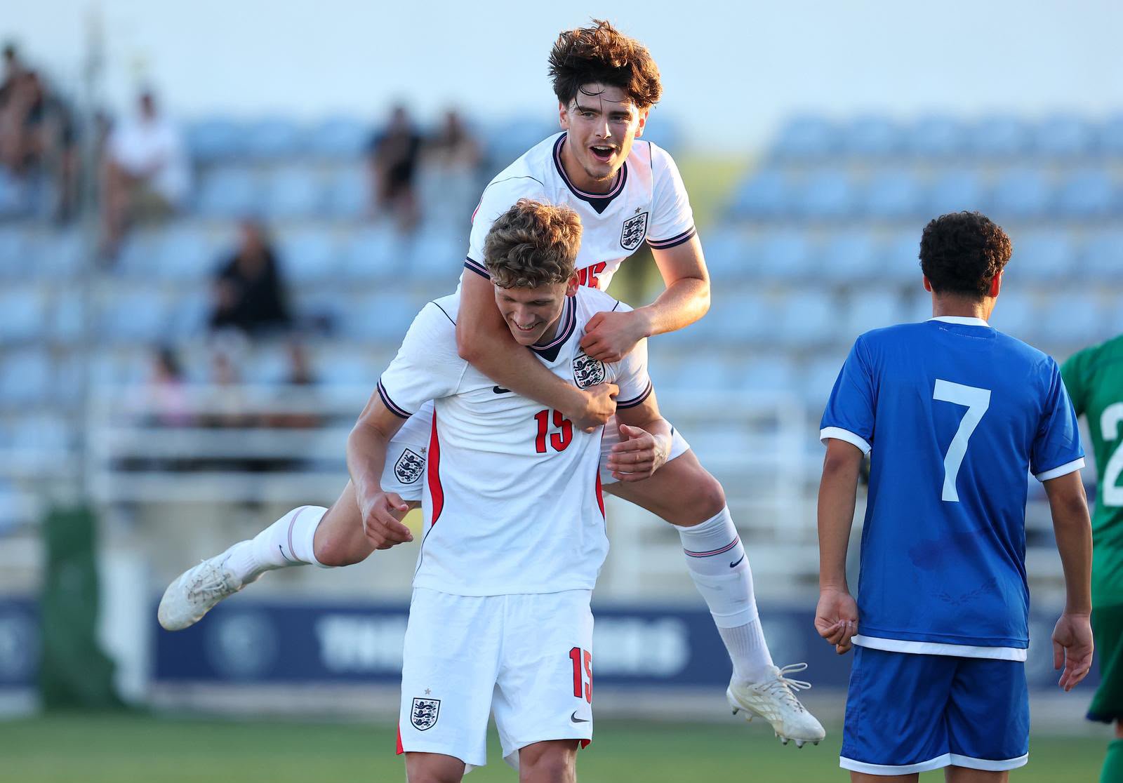 Albert Mills celebrating a goal for England Under-18s