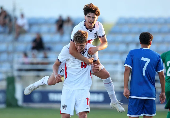 Albert Mills celebrating a goal for England Under-18s