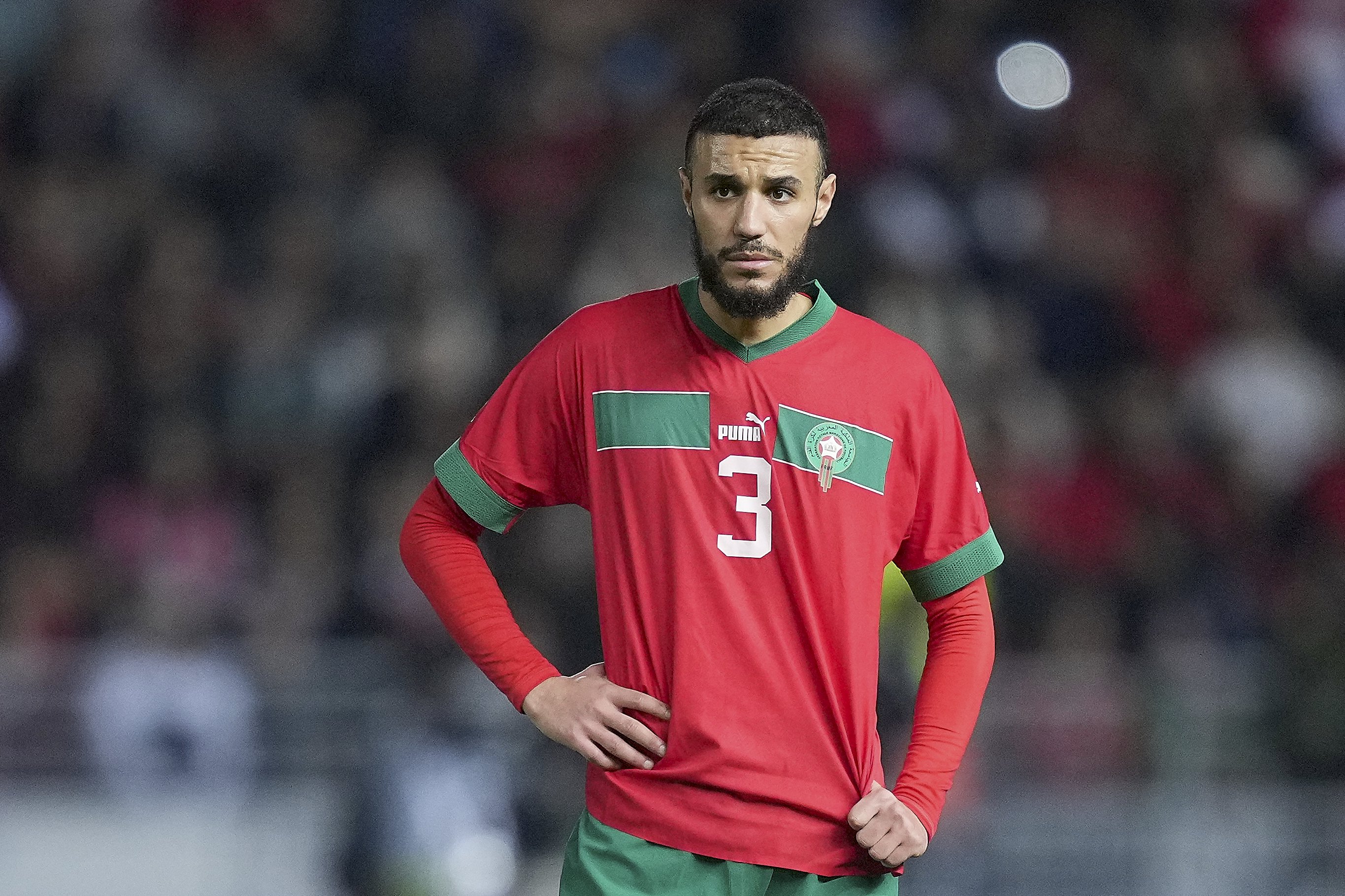 Noussair Mazraoui representing Morocco in an international friendly