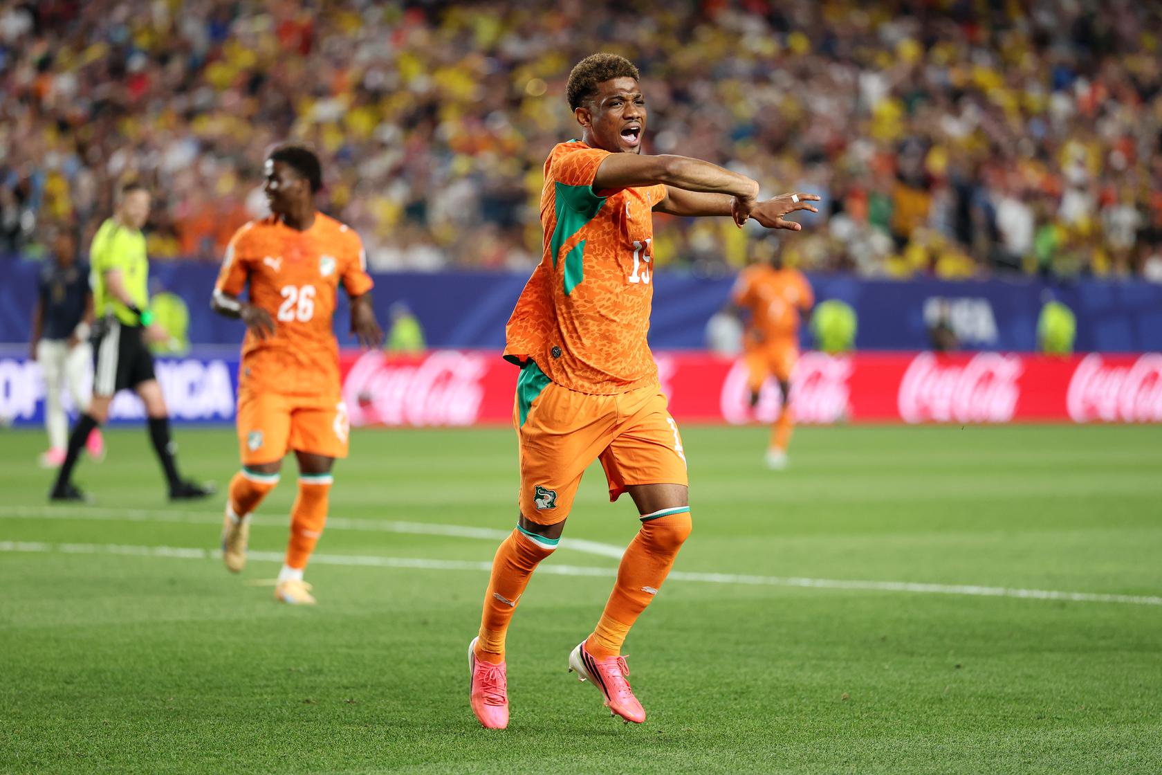 Amad celebrates his goal v Ecuador