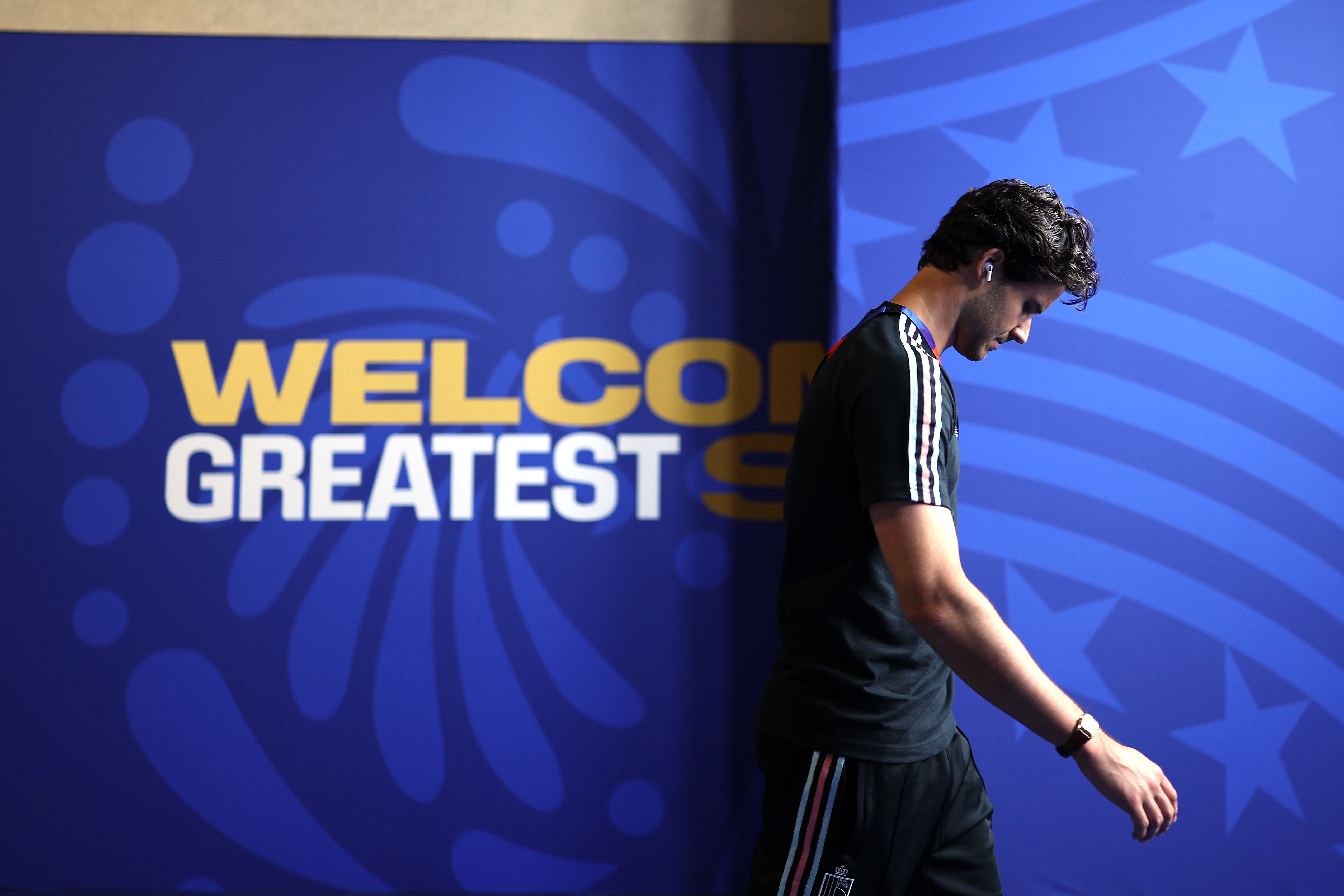 Senne Lammens arrives for Belgium v United States