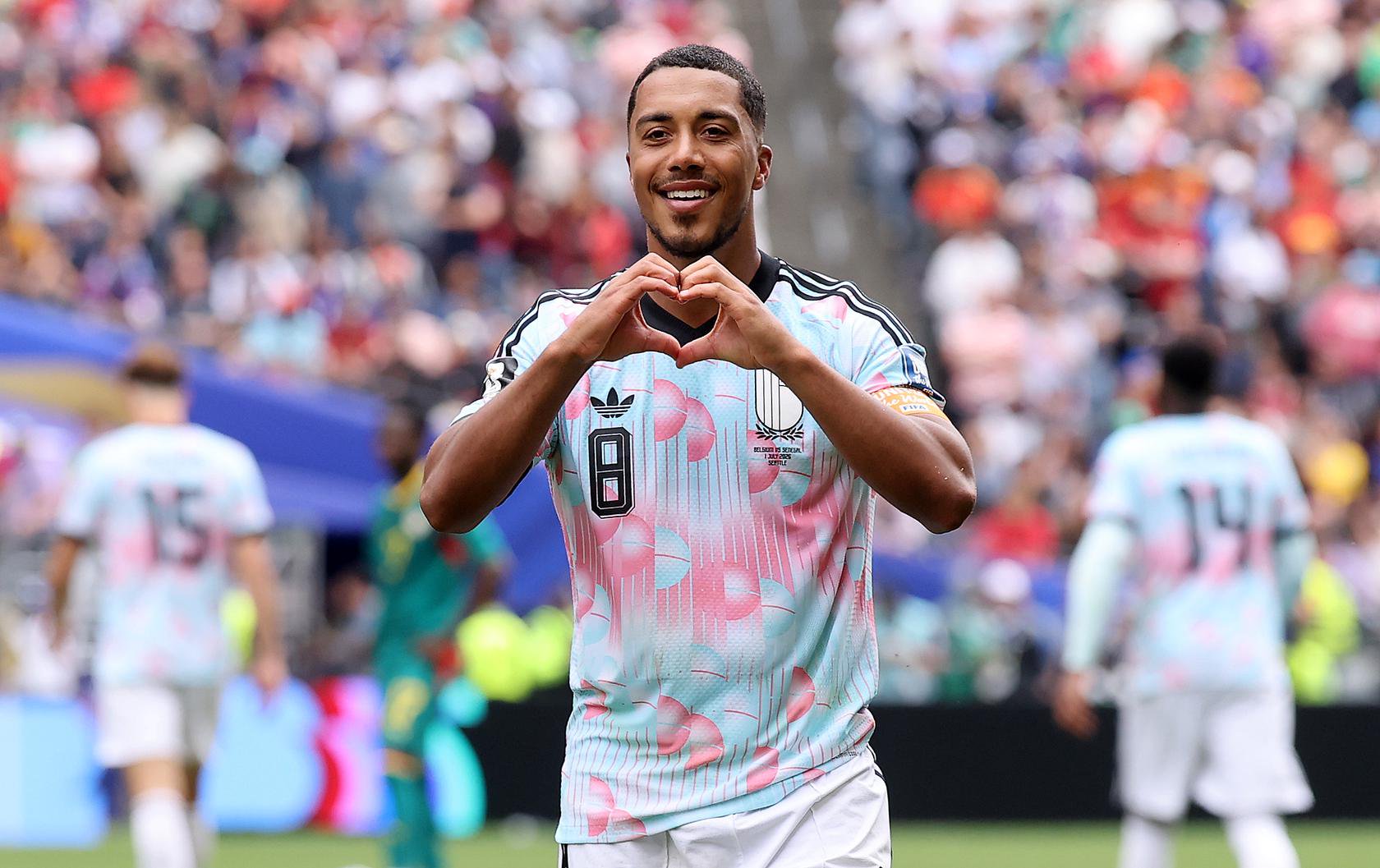 Youri Tielemans does heart celebration for Belgium