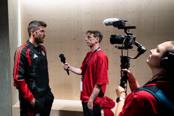 INSIDE STORY IMAGE - Adam Marshall interviews Michael Carrick inside Helsinki Olympic Stadium after Man Utd v Wrexham