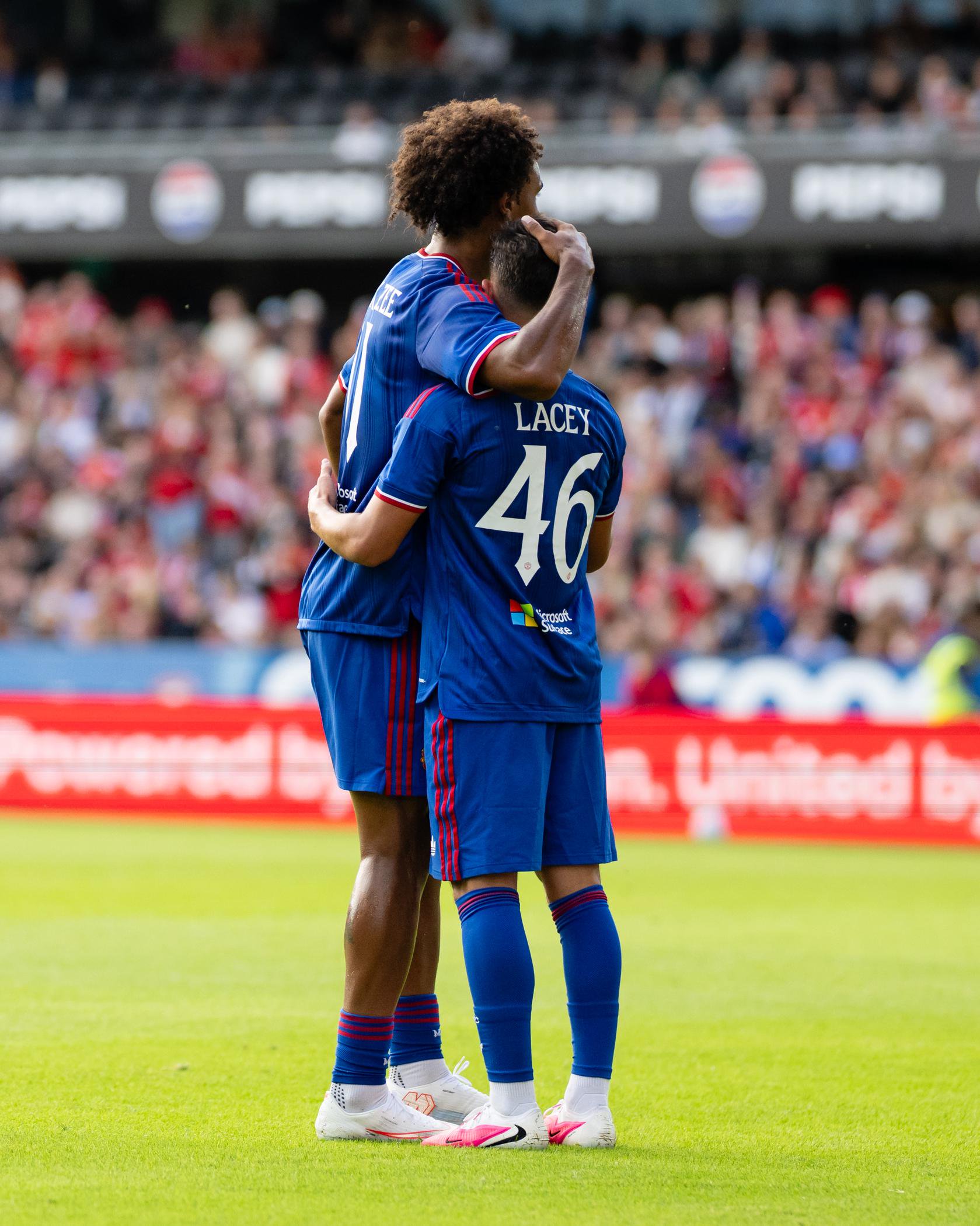 Shea Lacey and Joshua Zirkzee celebrate our goal v Rosenborg