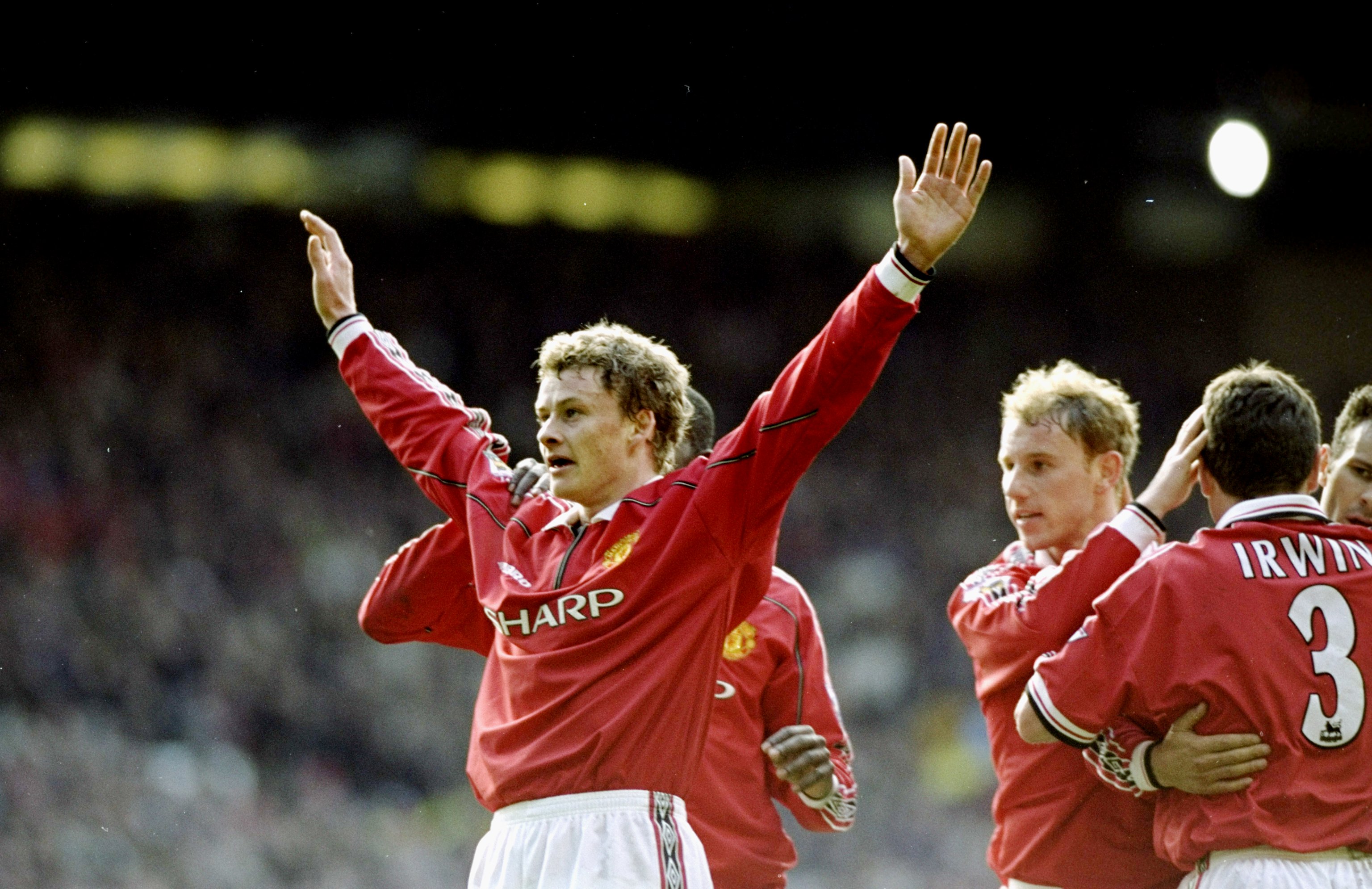 Ole Gunnar Solskjaer celebrates a goal against Liverpool in May 2000