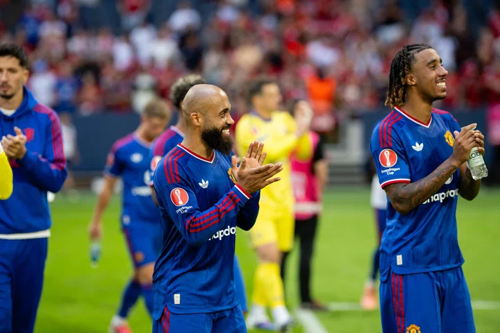 Bryan Mbeumo and Leny Yoro applaud fans after Snapdragon Cup fixture v Atletico de Madrid