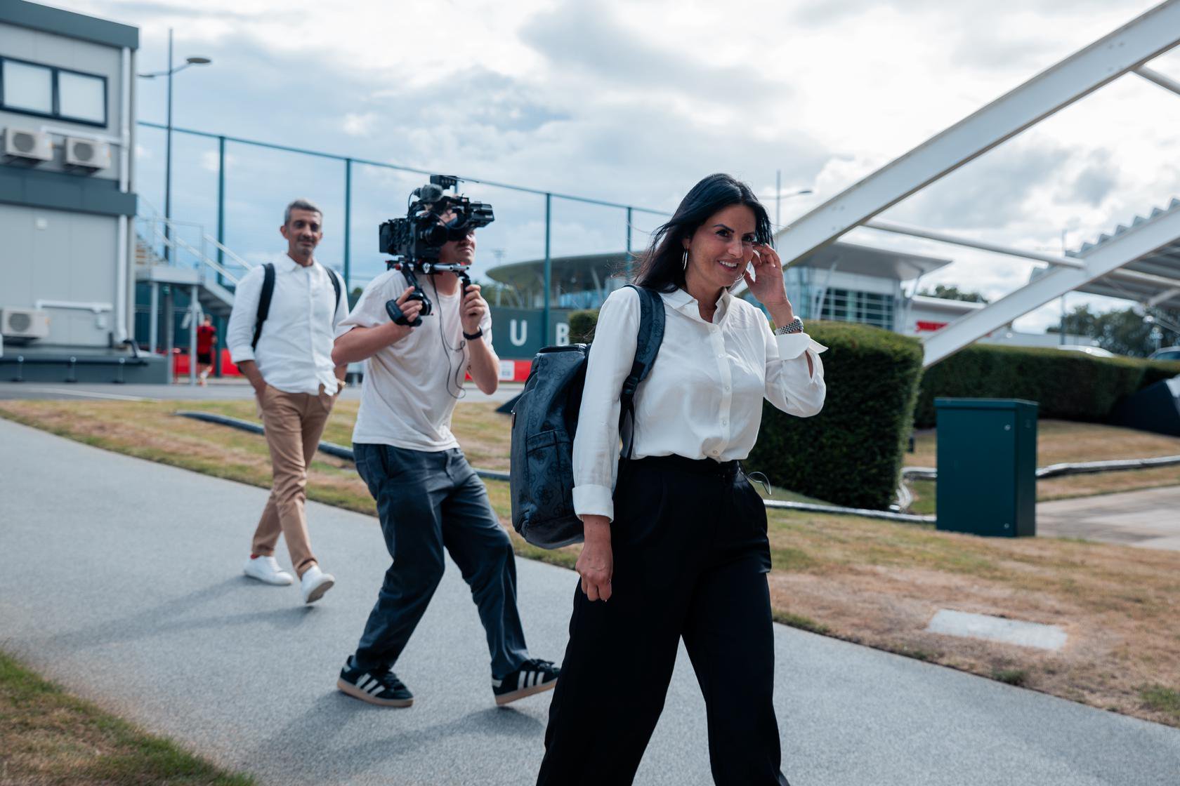 Eva Olid arriving at Carrington on signing day