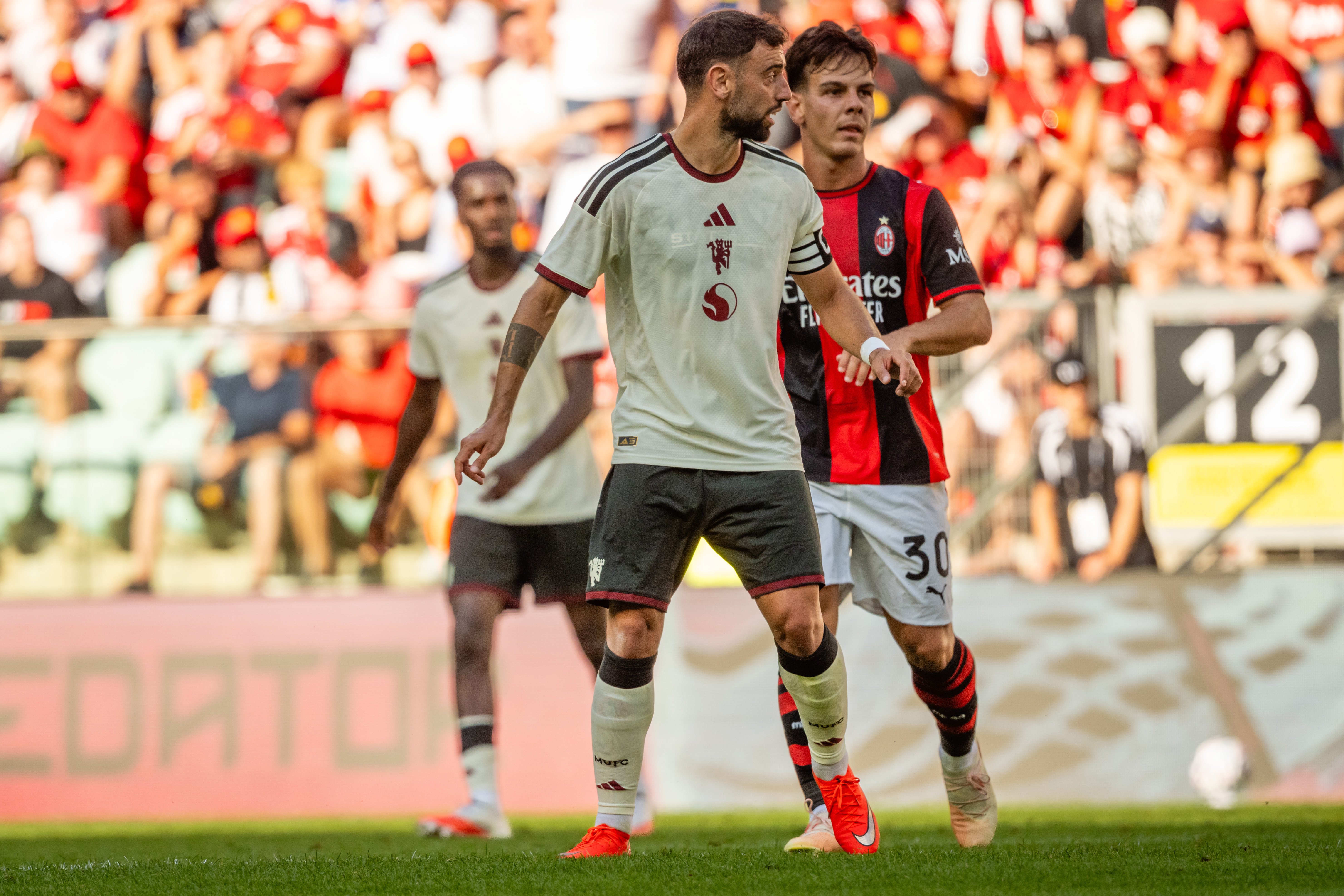 Bruno Fernandes looking to the side v Milan | Used on match report