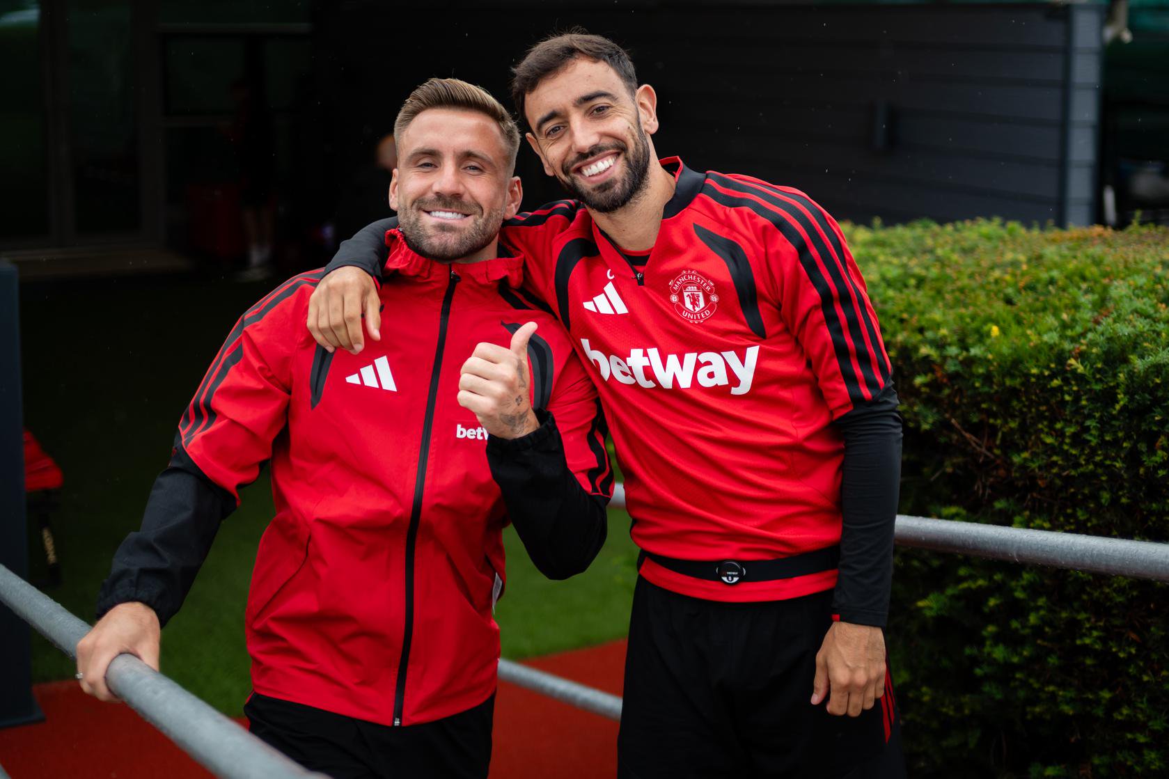 Luke Shaw and Bruno Fernandes before training