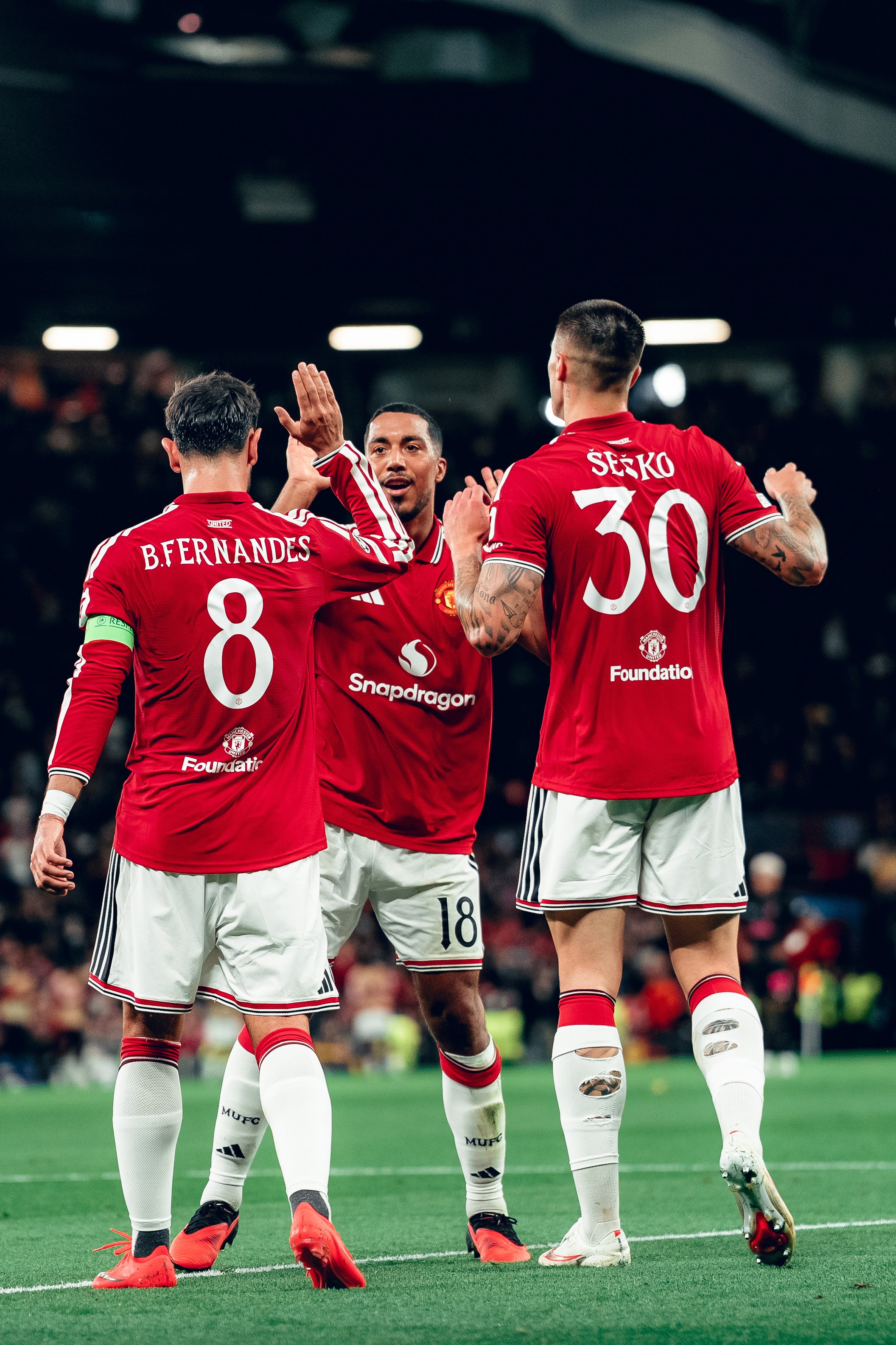 Tielemans Fernandes and Sesko celebrating goal v Sabah