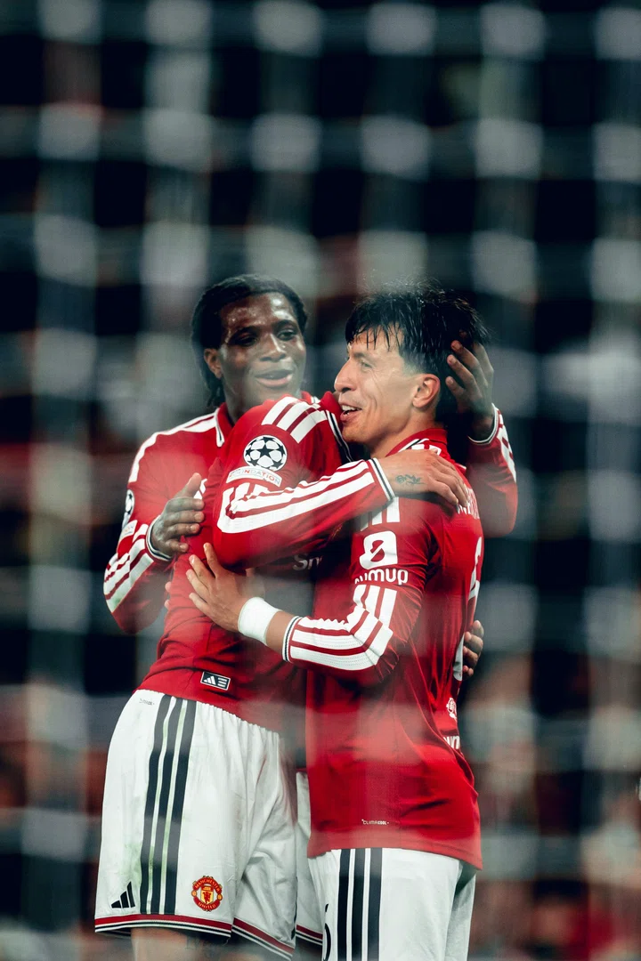 Lisandro Martinez celebrates goal for Man Utd v Sabah with Patrick Chinazaekpere Dorgu