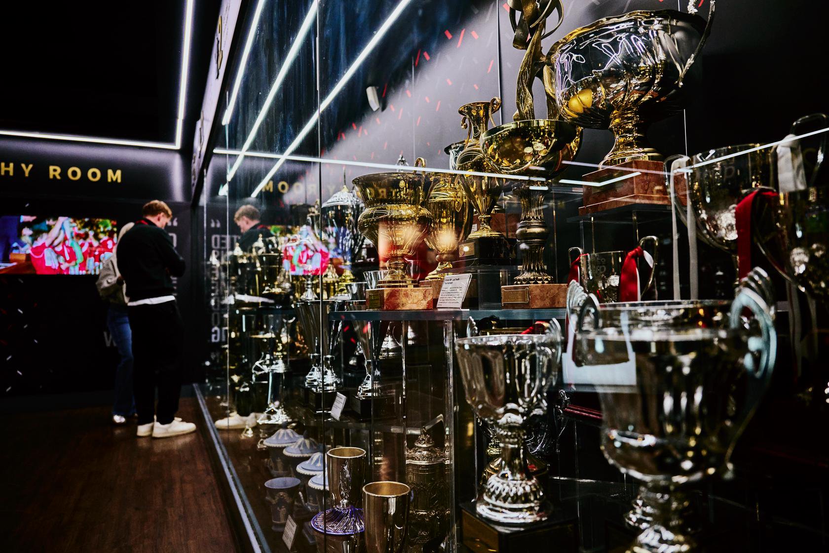 Image of trophies in Old Trafford Museum