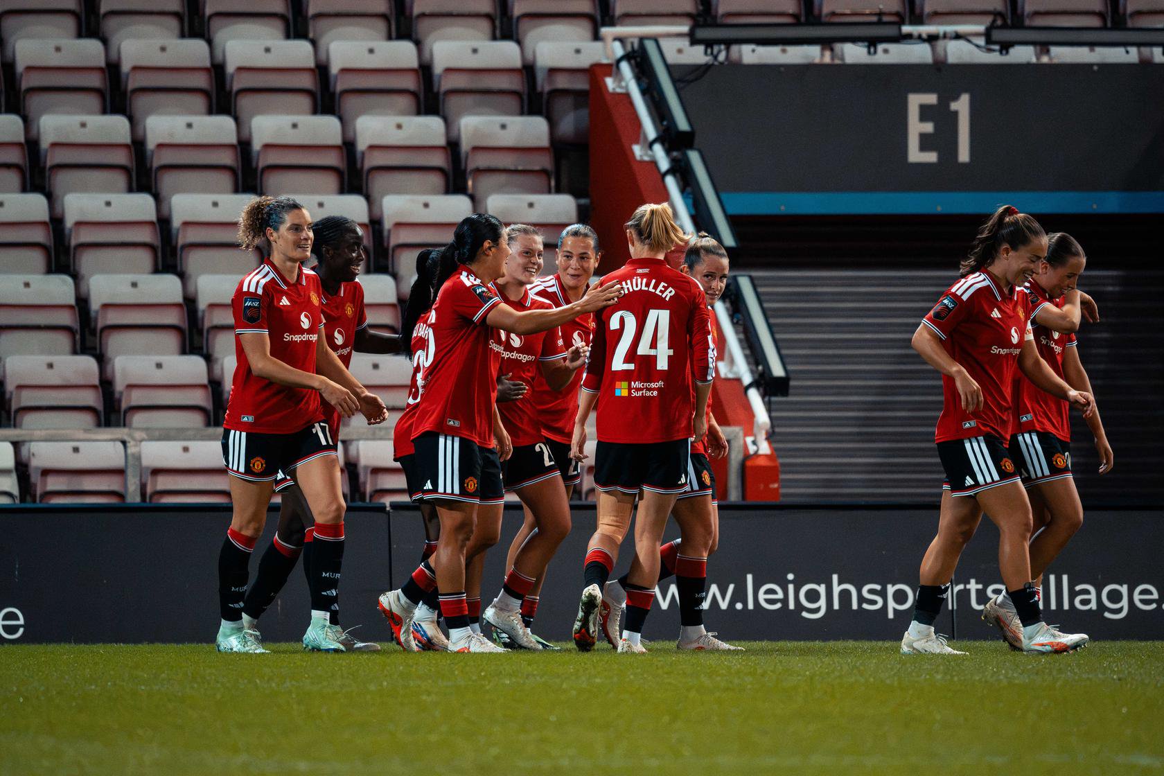 United Women celebrate goal v Sheffield United with Bernal and Schuller